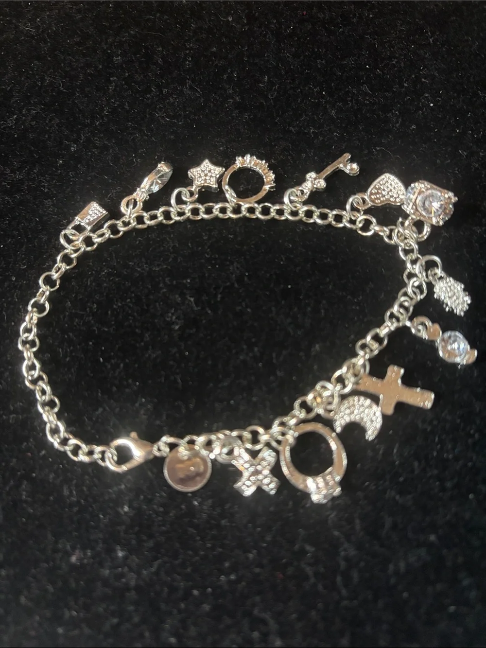 925 stamped SS Charm Bracelet with small Cross and Moon Charms